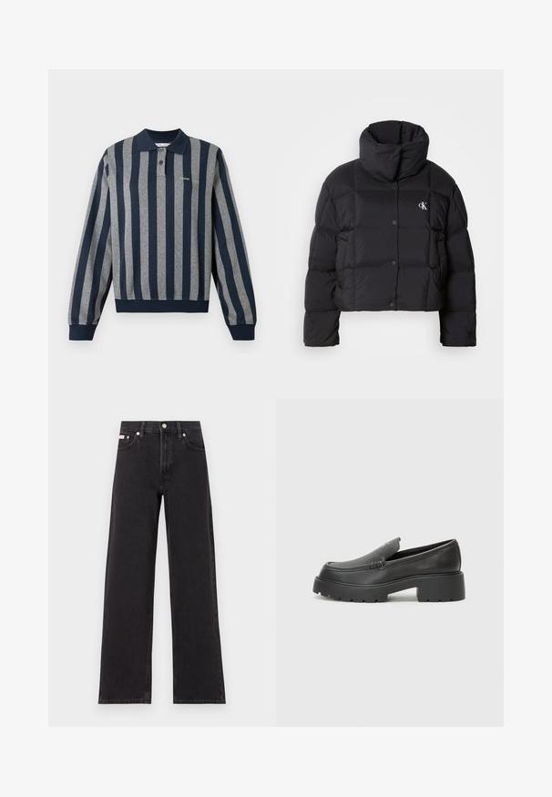 Zwarte pufferjack met een cropped ontwerp, hoge kraag en knoopsluiting. Gemaakt van glanzend, geïsoleerd materiaal met gestikte secties.; Polo met lange mouwen met verticale strepen in marineblauw en grijs, voorzien van een kraag, knopenlijst en geribde zoom en manchetten.; Zwarte wijde spijkerbroeken van denim, met een hoge taille, vijf-pocket stijl en een metalen knoopsluiting met contrasterende stiksels.; Zwarte leren instappers met een ronde neus, dikke getextureerde zool en minimale stikseldetails. Strak ontwerp zonder zichtbare veters of hardware.