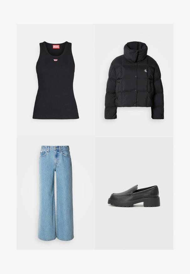 Juodas pūkinis švarkas su trumpu dizainu, aukštu apykakle ir mygtukų uždarymu. Pagamintas iš blizgios, šiltos medžiagos, turinčios siūtas dalis.; Juodas medvilnės tanktopas su apvaliu iškirpimu, turintis mažą raudoną logotipą ant krūtinės ir prigludusią formą.; Šviesiai mėlynos plataus kirpimo džinsai, pagaminti iš denimo, turi aukštą juosmenį, penkių kišenių dizainą ir subtilų blukimą audinyje.; Juodi odiniai loaferiai su apvaliu pirštu, storu tekstūruotu padu ir minimaliu siūlių dekoru. Išskirtinis dizainas be matomų raištelių ar furnitūros.