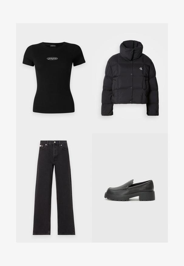 Black puffer jacket with a cropped design, high collar, and button closure. Made from glossy, insulated material featuring quilted sections.; Black short-sleeve t-shirt with a fitted design, ribbed texture, and a white embroidered "guess jeans" logo on the chest.; Black wide-leg jeans made of denim, featuring a high-rise waist, five-pocket styling, and a metal button closure with contrasting stitching.; Black leather loafers with a rounded toe, thick textured sole, and minimal stitching details. Sleek design with no visible laces or hardware.