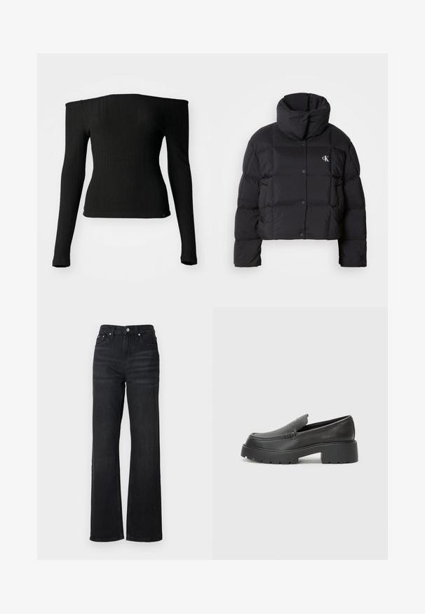 Črn napihnjen jakna s skrajšanim dizajnom, visokim ovratnikom in gumbnim zapiranjem. Narejena iz sijajnega, toplega materiala z oblečenimi odseki.; Črna dolga majica z dolgimi rokavi, izdelana iz rebraste tkanine, z izrezom, ki se nosi zunaj ramena, prilegajočim krojem in ravnim robom. Diskreten oznaka blagovne znamke na dnu.; Črne široke jeans hlače iz denima z visokim pasom, obliko petih žepov in srebrnim kovinskim gumbom. Tkanina ima gladko teksturo in rahlo elastičnost.; Črne usnjene loafers čevlje z zaobljenim nosom, debelim teksturiranim podplatom in minimalnimi šivi. Elegantna zasnova brez vidnih vezalk ali kovinskih delov.