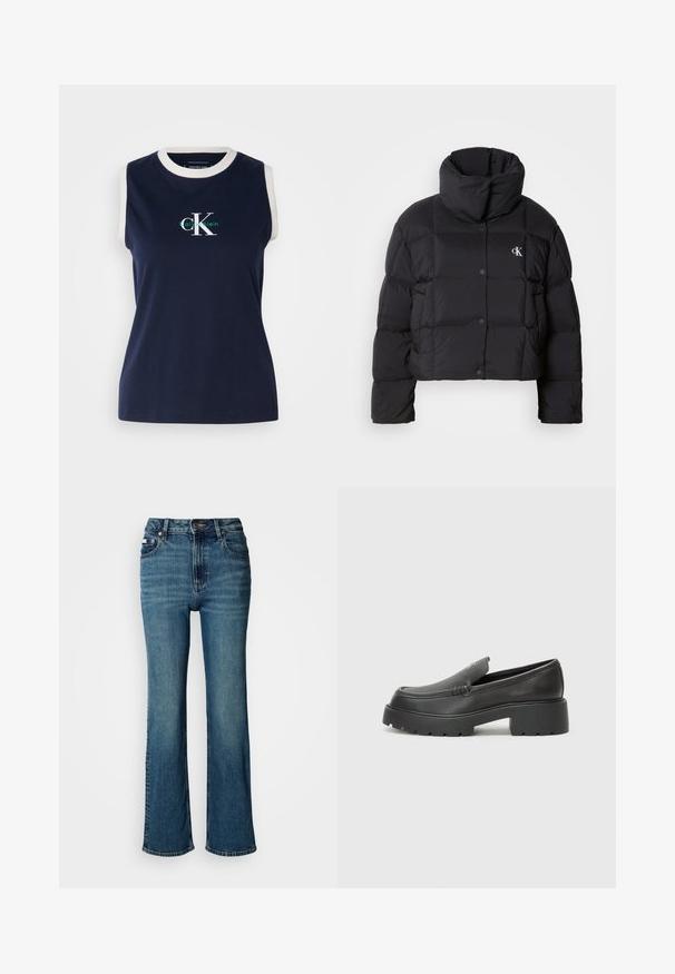 Casaco puffer preto com um design cropped, gola alta e fecho de botão. Feito de material brilhante e isolante, apresentando seções acolchoadas.; Top de algodão sem mangas na cor azul-marinho com um decote canelado branco, apresentando um logotipo verde e branco "Calvin Klein" na frente. Textura suave.; Jeans de cintura alta em denim azul, com um design de perna reta, desbotamento subtil e um fecho padrão com botão e zipper.; Mocassins de couro preto com bico arredondado, sola espessa e texturizada, e detalhes de costura minimalistas. Design elegante sem atacadores ou ferragens visíveis.