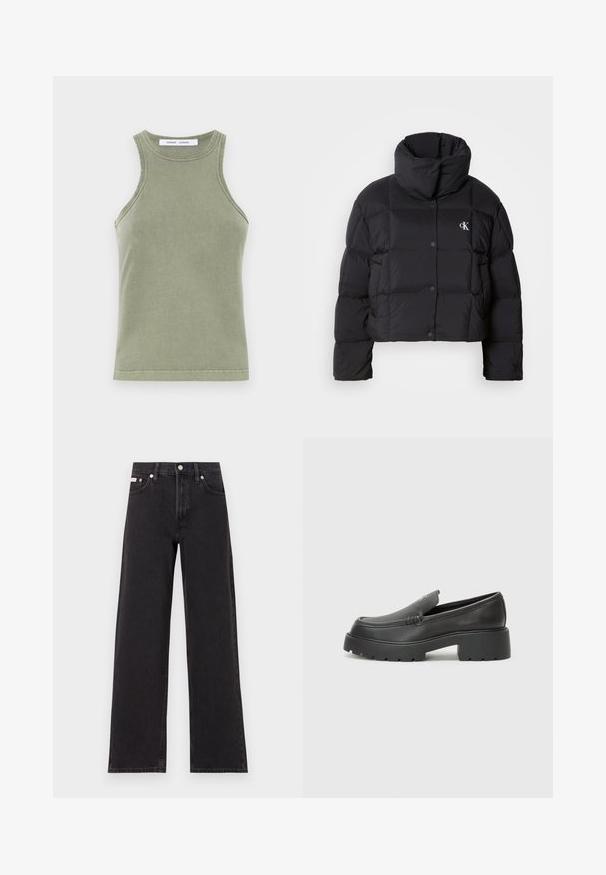 Black puffer jacket with a cropped design, high collar, and button closure. Made from glossy, insulated material featuring quilted sections.; Olive green tank top made of soft cotton, featuring a round neckline, sleeveless design, and stitched edges. Simple, fitted shape.; Black wide-leg jeans made of denim, featuring a high-rise waist, five-pocket styling, and a metal button closure with contrasting stitching.; Black leather loafers with a rounded toe, thick textured sole, and minimal stitching details. Sleek design with no visible laces or hardware.