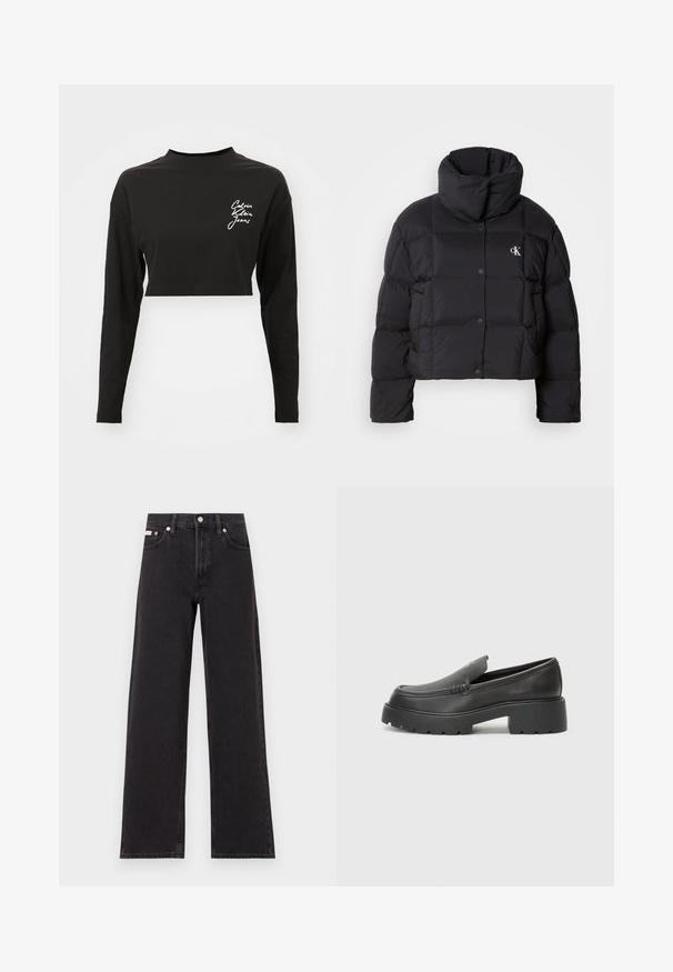 Black puffer jacket with a cropped design, high collar, and button closure. Made from glossy, insulated material featuring quilted sections.; Black long-sleeve crop top made of soft cotton, featuring a high neckline and a white logo on the left chest area.; Black wide-leg jeans made of denim, featuring a high-rise waist, five-pocket styling, and a metal button closure with contrasting stitching.; Black leather loafers with a rounded toe, thick textured sole, and minimal stitching details. Sleek design with no visible laces or hardware.