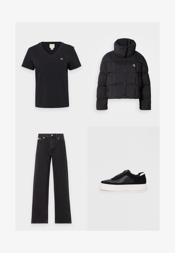 Schwarze Pufferjacke mit einem cropped Design, hohem Kragen und Knopfverschluss. Hergestellt aus glänzendem, isoliertem Material mit gesteppte Abschnitten.; Schwarzes Baumwoll-V-Ausschnitt T-Shirt mit kurzen Ärmeln, das auf der linken Brust ein kleines weißes "ck"-Logo trägt. Einfaches, klassisches Design.; Schwarze weit geschnittene Jeans aus Denim mit einem hoch sitzenden Bund, fünf Taschen und einem Metallknopfverschluss mit kontrastierendem Nähte.; Schwarze Sneakers mit glattem Leder und Wildleder-Einsätzen, flachen Schnürsenkeln, runder Zehenpartie und einer weißen Gummisohle. Deutliches Logo an der Ferse.