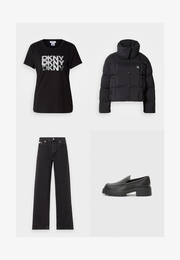 Črn napihnjen jakna s skrajšanim dizajnom, visokim ovratnikom in gumbnim zapiranjem. Narejena iz sijajnega, toplega materiala z oblečenimi odseki.; Črna bombažna majica s kratkimi rokavi, opremljena z velikim metalno srebrnim in bleščečim logotipom "DKNY", ki je natisnjen čez sprednjo stran. Oblika z okroglim izrezom.; Črne široke jeans hlače iz denima, s poudarjenim pasom, petimi žepi in kovinskim gumbom za zapiranje ter kontrastnim šivanjem.; Črne usnjene loafers čevlje z zaobljenim nosom, debelim teksturiranim podplatom in minimalnimi šivi. Elegantna zasnova brez vidnih vezalk ali kovinskih delov.