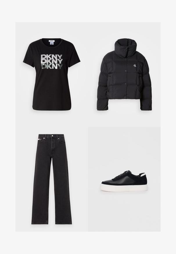 Casaco puffer preto com um design cropped, gola alta e fecho de botão. Feito de material brilhante e isolante, apresentando seções acolchoadas.; T-shirt de algodão preta com grande logotipo metálico prateado e brilhante "DKNY" impresso na frente. Design de mangas curtas e gola redonda.; Jeans de perna larga pretos feitos de denim, apresentando uma cintura alta, estilo de cinco bolsos e um fecho em botão de metal com costura contrastante.; Sapatilha preta com painéis de pele lisa e camurça, atacadores planos, bico arredondado e sola de borracha branca. Logótipo distinto no calcanhar.
