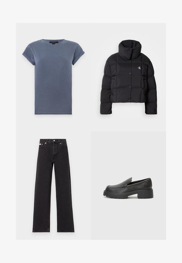 Črn napihnjen jakna s skrajšanim dizajnom, visokim ovratnikom in gumbnim zapiranjem. Narejena iz sijajnega, toplega materiala z oblečenimi odseki.; Modra bombažna majica s krožnim izrezom, kratkimi zavihani rokavi in sproščenim krojem. Ima gladko teksturo brez vzorcev ali okraskov.; Črne široke jeans hlače iz denima, s poudarjenim pasom, petimi žepi in kovinskim gumbom za zapiranje ter kontrastnim šivanjem.; Črne usnjene loafers čevlje z zaobljenim nosom, debelim teksturiranim podplatom in minimalnimi šivi. Elegantna zasnova brez vidnih vezalk ali kovinskih delov.