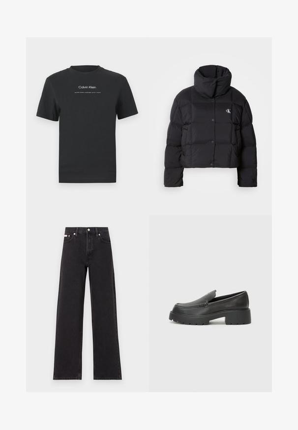 Black puffer jacket with a cropped design, high collar, and button closure. Made from glossy, insulated material featuring quilted sections.; Black cotton T-shirt with a crew neckline, short sleeves, and white printed "Calvin Klein" logo and "Established 1968" text.; Black wide-leg jeans made of denim, featuring a high-rise waist, five-pocket styling, and a metal button closure with contrasting stitching.; Black leather loafers with a rounded toe, thick textured sole, and minimal stitching details. Sleek design with no visible laces or hardware.