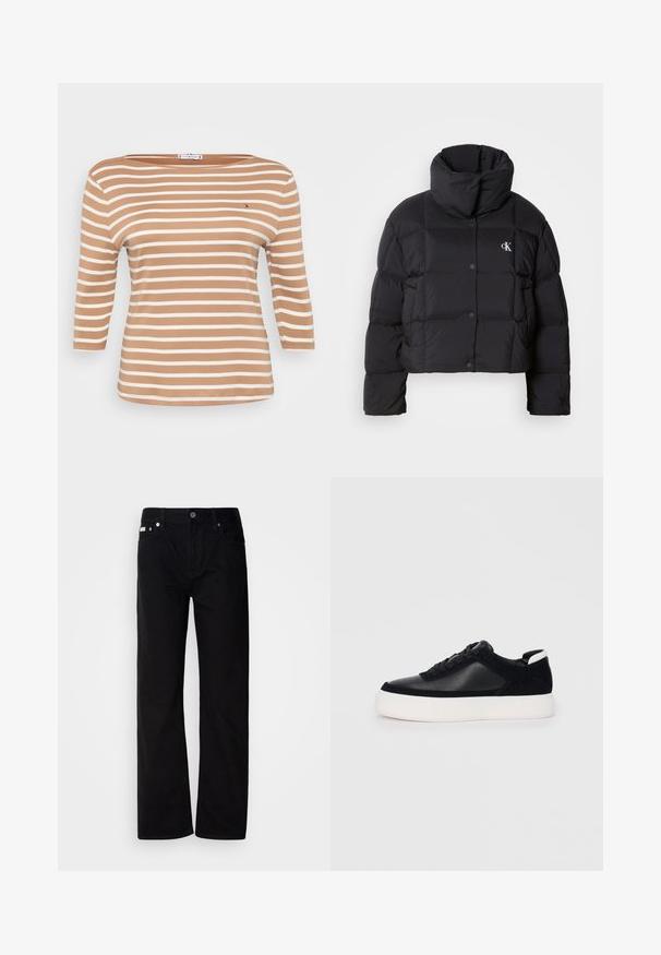 Sort pufferjakke med cropped design, høj krave og knaplukning. Fremstillet af glansfuldt, isoleret materiale med quiltede sektioner.; Stribet langærmet top i lys brun og hvid, med en bådudskæring og blødt bomuldsstof. Inkluderer et lille logo på brystet.; Sorte denim lige ben bukser med fem lommer, sølvnitter og en knaplukning. Stoffet har en glat, let tekstureret overflade.; Sort sneakers med glat læder og ruskindspaneler, flade snørebånd, rund tå og en hvid gummisål. Distinkt logo på hælen.