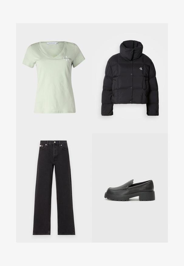 Črn napihnjen jakna s skrajšanim dizajnom, visokim ovratnikom in gumbnim zapiranjem. Narejena iz sijajnega, toplega materiala z oblečenimi odseki.; Svetlo zelena v-neck majica iz mehkega bombaža. Ima kratke rokave in majhno belo Calvin Klein Jeans logo na prsih.; Črne široke jeans hlače iz denima, s poudarjenim pasom, petimi žepi in kovinskim gumbom za zapiranje ter kontrastnim šivanjem.; Črne usnjene loafers čevlje z zaobljenim nosom, debelim teksturiranim podplatom in minimalnimi šivi. Elegantna zasnova brez vidnih vezalk ali kovinskih delov.