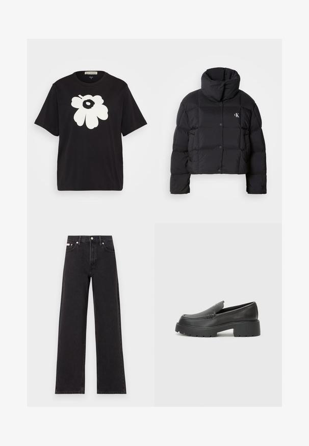 Crna puffer jakna s krojenjem na visini struka, visokim ovratnikom i kopčanjem na dugmad. Izrađena od sjajnog, izoliranog materijala s četvrtastim sekcijama.; Crna pamučna majica s velikim bijelim cvjetnim uzorkom na prednjoj strani, kratkim rukavima i opuštenim krojem. Oznaka prikazana na vratu.; Crne široke traperice od denima, s visokim strukom, pet džepova i metalnim zatvaranjem s kontrastnim šavovima.; Crne kožne loaferice s zaobljenim vrhom, debelim teksturiranim potplatom i minimalnim detaljima šivanja. Elegantna izrada bez vidljivih vezica ili metalnih elemenata.