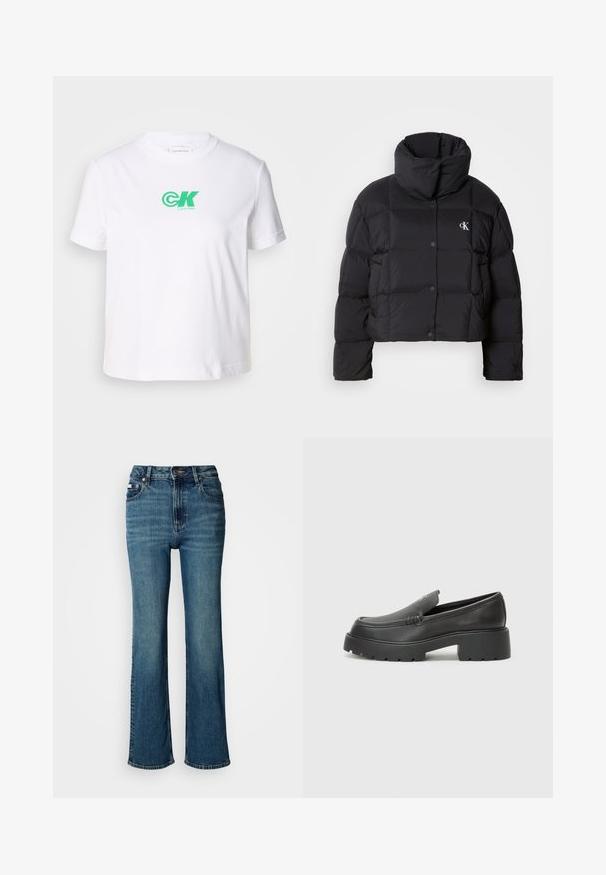 Casaco puffer preto com um design cropped, gola alta e fecho de botão. Feito de material brilhante e isolante, apresentando seções acolchoadas.; T-shirt de algodão branco com gola redonda e mangas curtas, apresentando o logótipo verde da Calvin Klein na parte da frente. Design clássico de corte reto.; Jeans de cintura alta em denim azul, com um design de perna reta, desbotamento subtil e um fecho padrão com botão e zipper.; Mocassins de couro preto com bico arredondado, sola espessa e texturizada, e detalhes de costura minimalistas. Design elegante sem atacadores ou ferragens visíveis.