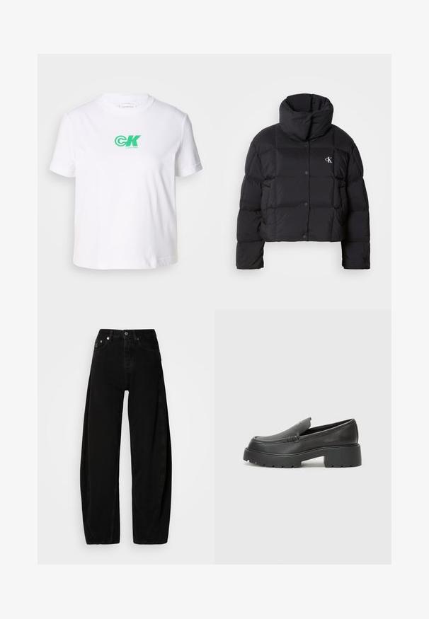 Czarna kurtka puchowa o kroju cropped, z wysokim kołnierzem i zapięciem na guziki. Wykonana z błyszczącego, izolowanego materiału z pikowanymi sekcjami.; Biała bawełniana koszulka z okrągłym dekoltem i krótkimi rękawami, z zielonym logo Calvin Klein z przodu. Klasyczny, prosty krój.; Czarne dżinsowe spodnie o szerokich nogawkach z wysokim stanem, z guzikiem, pięcioma kieszeniami i minimalnymi detalami w szwie.; Czarne skórzane mokasyny z zaokrąglonym noskiem, grubą fakturowaną podeszwą oraz minimalnymi detalami szycia. Elegancki design bez widocznych sznurowadeł czy elementów metalowych.