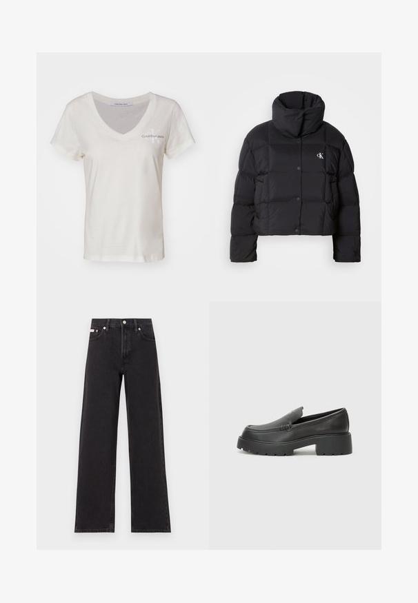 Must zwart puffer jope, mille disainiga, kõrge kaelusega ja nööpidega kinni. Valmistatud läikivast, soojust liikuvast materjalist, millel on äraotatud sektsioonid.; Valge puuvillane T-särk V-kaelusega ja lühikeste varrukatega. Vasaku rinnaosa peal on väike Calvin Klein Jeans logo. Sile tekstuur.; Mustad laiad mustad teksad, millel on kõrge vöökoht, viie tasku stiil ja metallist nööpkinnitus kontrastsete õmblustega.; Mustad nahast loafers ümarate varvastega, paksu tekstuuriga tald ja minimaalsete õmbluse detailidega. Viimistletud disain, kus pole nähtavaid paelu ega riistu.