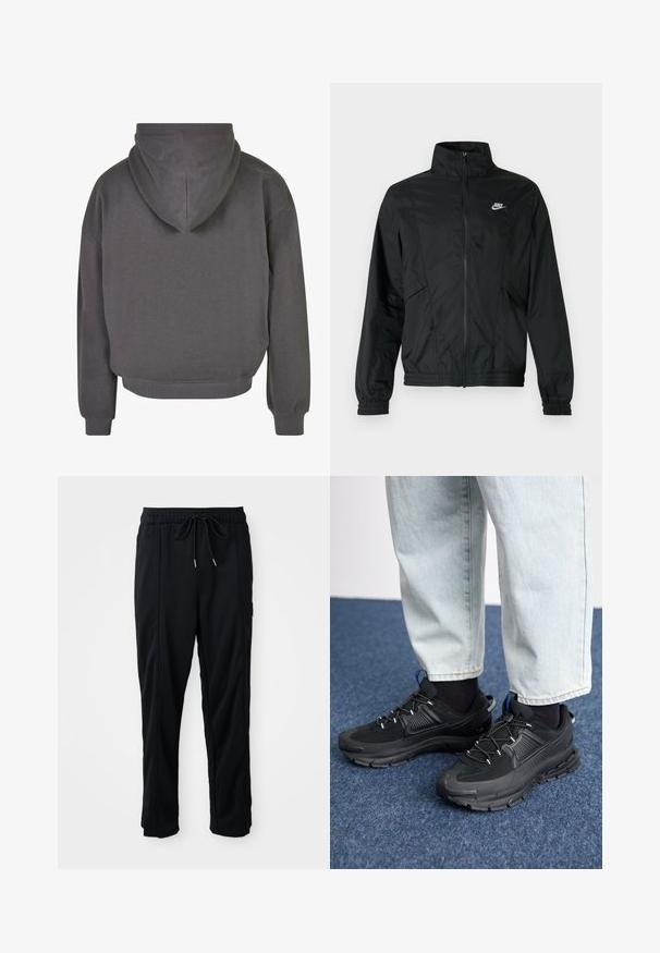 Black Nike lightweight zip-up jacket with high collar, elastic cuffs and hem, and white Nike logo on the left chest.; Gray cropped hoodie with a drawstring hood, ribbed cuffs, and hem. Soft fabric texture with a clean, minimalist design.; Black drawstring waist casual pants with side seam pockets and straight leg cut on a plain background.; Black athletic shoes with textured fabric and rubber soles, featuring elastic laces and a blue accent on the heel. Worn with light denim pants.