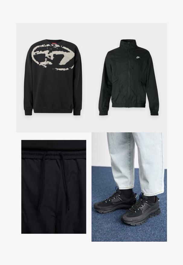 Juoda lengva „Nike“ striukė su užtrauktuku, aukštu apvadu, elastingais rankogaliais ir apačia, bei balta „Nike“ logotipu kairėje krūtinės pusėje.; Juodas medvilninis džemperis su dideliu abstrakčiu kreminės spalvos logotipo dizainu priekyje. Klasikinė apvali apykaklė ir ribotos rankogaliai.; Juodos šortai su raišteliu juosmens srityje, lengva medžiaga su lygiu paviršiumi ir paprastas dizainas be matomų logotipų ar raštų.; Juodi sportiniai bateliai su tekstūruota medžiaga ir guminiais padais, su elastingomis raišteliais ir mėlynu akcentu ant kulno. Dėvimi su šviesiai mėlynomis džinsinėmis kelnėmis.