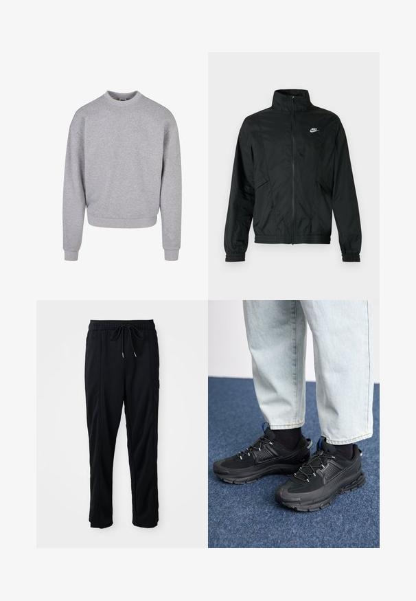 Melna Nike viegla rāvējslēdzēja jaka ar augstu apkakli, elastīgiem aprocēm un apakšu, un baltu Nike logotipu kreisajā krūtīs.; Pelēks džemperis ar apaļu kakla izgriezumu, garām piedurknēm un ribotām aprocēm. Izgatavots no mīksta, teksturēta materiāla, ar brīvu piegriezumu.; Melnas bikses ar aukliņu jostas vietā, ar sānu kabatām un taisnu kāju griezumu uz vienkrāsaina fona.; Melni sporta apavi ar strukturētu audumu un gumijas zoli, ar elastīgām auklām un zilu akcentu uz papēža. Nēsāti ar gaišām džinsu biksēm.