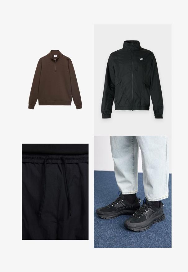 Czarna, lekka kurtka Nike na zamek z wysokim kołnierzem, elastycznymi mankietami i obszyciem oraz białym logo Nike na lewej piersi.; Brązowy sweter z wysokim kołnierzem i ćwierć zamkiem. Wykonany z miękkiego materiału, z długimi rękawami i luźnym krojem.; Czarne szorty z elastycznym paskiem na sznurku, lekkiego materiału o gładkiej fakturze oraz prostym wzornictwie bez widocznych logo czy wzorów.; Czarne buty sportowe z teksturowanej tkaniny i gumowymi podeszwami, z elastycznymi sznurówkami i niebieskim akcentem na pięcie. Noszone z jasnymi dżinsami.
