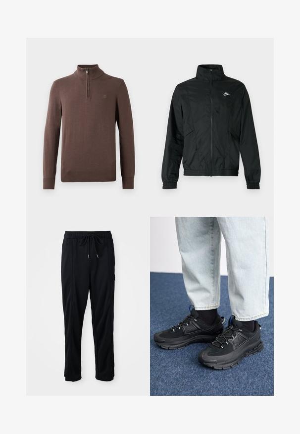 Must Nike kerge lukuga jakk kõrge krae, elastsete varrukasäärte ja alläärega ning valge Nike logoga vasakul rinnal.; Pruunist kootud pullover kõrge kaeluse ja veerandi tõmblukuga. Iseloomulikud on soonikkoes varrukate ja lõpuotsad ning rinnal on väike logode detail.; Mustad nööridega vööga igapäevased mustad püksid, külgseamipocketid ja sirge sääre lõikega, ühtlasel taustal.; Mustad mustad jooksukingad, millel on tekstureeritud kangas ja kummist tallad, elastsed nöörid ning sinine aksent kandadel. Kandmine heledate teksadega.