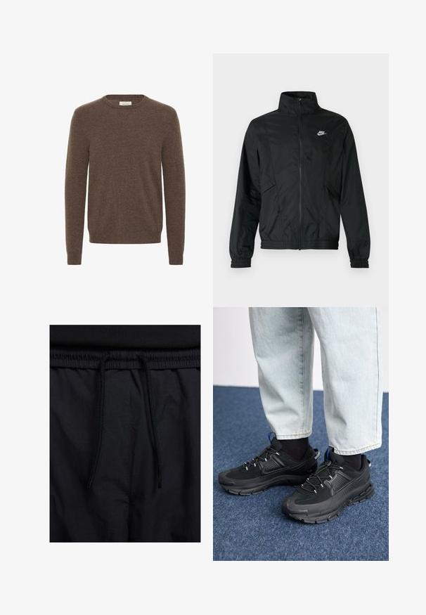 Juoda lengva „Nike“ striukė su užtrauktuku, aukštu apvadu, elastingais rankogaliais ir apačia, bei balta „Nike“ logotipu kairėje krūtinės pusėje.; Rudas megztas džemperis su apvaliu iškirpimu, ilgomis rankovėmis ir minkšta tekstūra. Paprastas dizainas be matomų raštų ar akcentų.; Juodos šortai su raišteliu juosmens srityje, lengva medžiaga su lygiu paviršiumi ir paprastas dizainas be matomų logotipų ar raštų.; Juodi sportiniai bateliai su tekstūruota medžiaga ir guminiais padais, su elastingomis raišteliais ir mėlynu akcentu ant kulno. Dėvimi su šviesiai mėlynomis džinsinėmis kelnėmis.