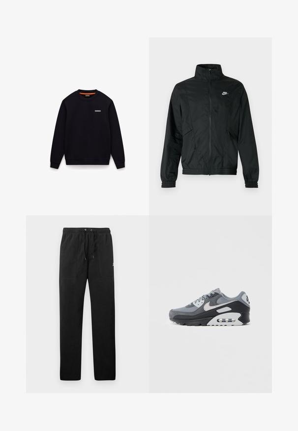 Jachetă ușoară neagră Nike cu fermoar, guler înalt, manșete și tiv elastice, și logo alb Nike pe pieptul stâng.; Hanorac negru cu guler rotund, mâneci lungi și manșete striate. Prezintă o căptușeală interioară portocalie la gât și un mic logo pe piept.; Pantaloni de trening negri din fleece, cu talie elastică și șnururi, două buzunare frontale și un logo mic pe coapsă.; Pantof sport gri, realizat dintr-un amestec de plasă și piele întoarsă, cu talpă neagră și unitate de aer vizibilă. Accente și șireturi gri deschis notabile.