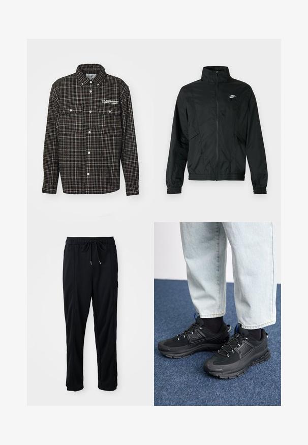 Black Nike lightweight zip-up jacket with high collar, elastic cuffs and hem, and white Nike logo on the left chest.; Black and brown checkered flannel shirt with a pointed collar, long sleeves, two chest pockets, and a white logo on the left side.; Black drawstring waist casual pants with side seam pockets and straight leg cut on a plain background.; Black athletic shoes with textured fabric and rubber soles, featuring elastic laces and a blue accent on the heel. Worn with light denim pants.