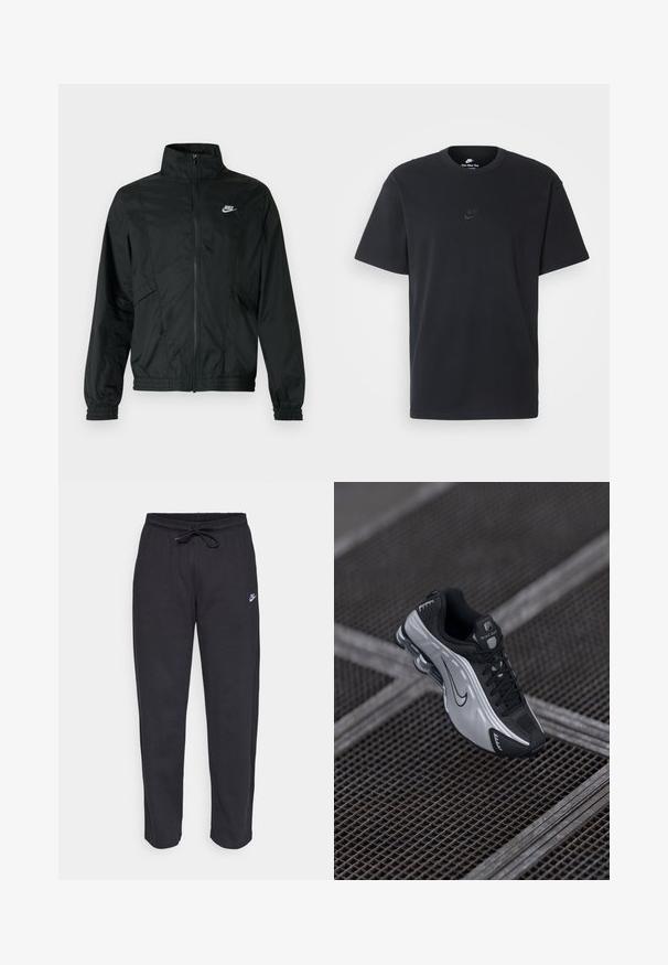 Must Nike kerge lukuga jakk kõrge krae, elastsete varrukasäärte ja alläärega ning valge Nike logoga vasakul rinnal.; Nike musta mustast puuvillast T-särk klassikalise ümmarguse kaelusega, lühikeste varrukatega ja õrna, reljeefse logoga rinnal. Sile tekstuur.; Mustad mustad, pehmest kangast, elastse vöökoha, nööriga ja väikese Nike logo'ga vasakul reiel.; Nike spordijalatsid, millel on must ja hõbedane disain. Valmistatud sünteetilisest materjalist, millel on võrgusilma aktsendid ja toetav tald nähtava õhkbuffriga.