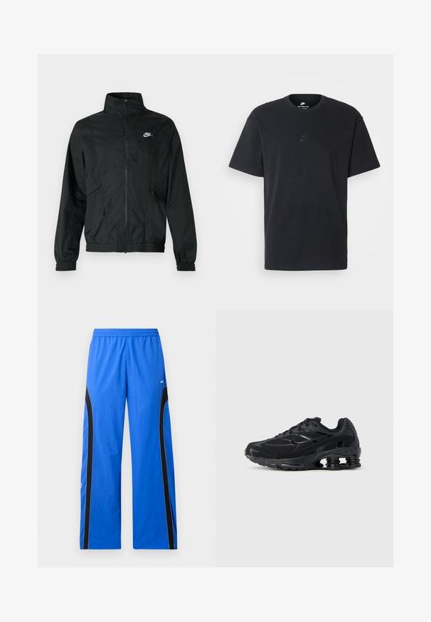 Czarna, lekka kurtka Nike na zamek z wysokim kołnierzem, elastycznymi mankietami i obszyciem oraz białym logo Nike na lewej piersi.; Czarny bawełniany t-shirt Nike z klasycznym okrągłym dekoltem, krótkimi rękawami oraz subtelnym, wytłoczonym logo na piersi. Gładka tekstura.; Niebieskie spodnie sportowe wykonane z lekkiego materiału, z czarnymi panelami bocznymi i białymi akcentami w postaci lamówki. Elastyczny pas zapewniający stabilne dopasowanie.; Czarny but sportowy z siateczkową cholewką, wyściełanym kołnierzem i wyraźną technologią amortyzacji w pięcie. Posiada teksturowane akcenty i sznurowadła.