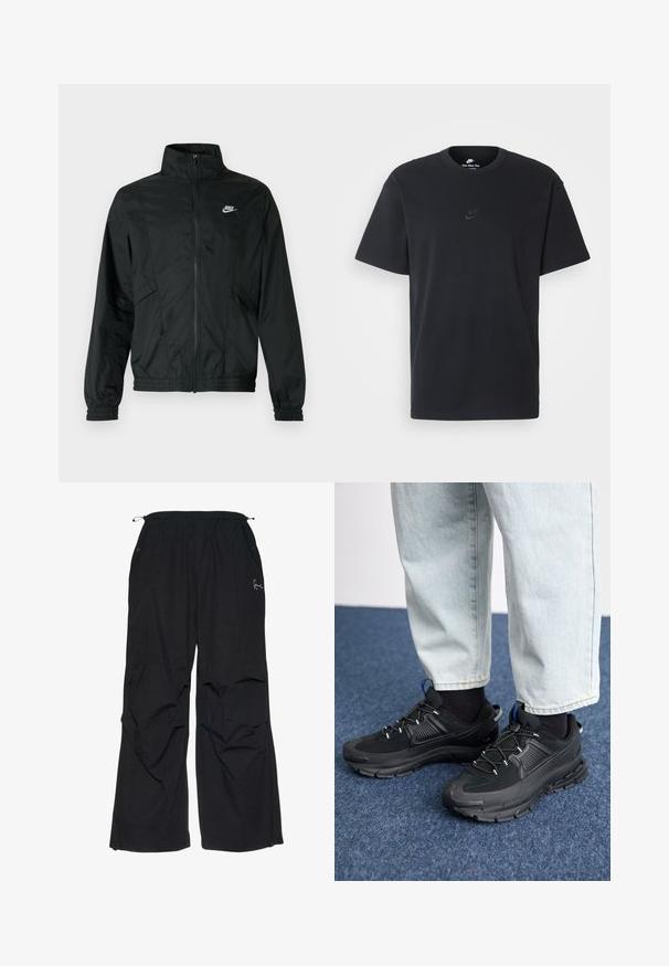 Giacca leggera nera Nike con zip, colletto alto, polsini ed orlo elasticizzati, e logo Nike bianco sul petto a sinistra.; T-shirt in cotone nero della Nike con collo rotondo classico, maniche corte e un logo in rilievo discreto sul petto. Texture liscia.; Pantaloni neri morbidi con una fascia elastica in vita, due tasche laterali e un discreto logo ricamato sul davanti. Tessuto leggero.; Scarpe sportive nere con tessuto testurizzato e suole in gomma, dotate di lacci elastici e un accento blu sul tallone. Indossate con pantaloni in denim chiaro.