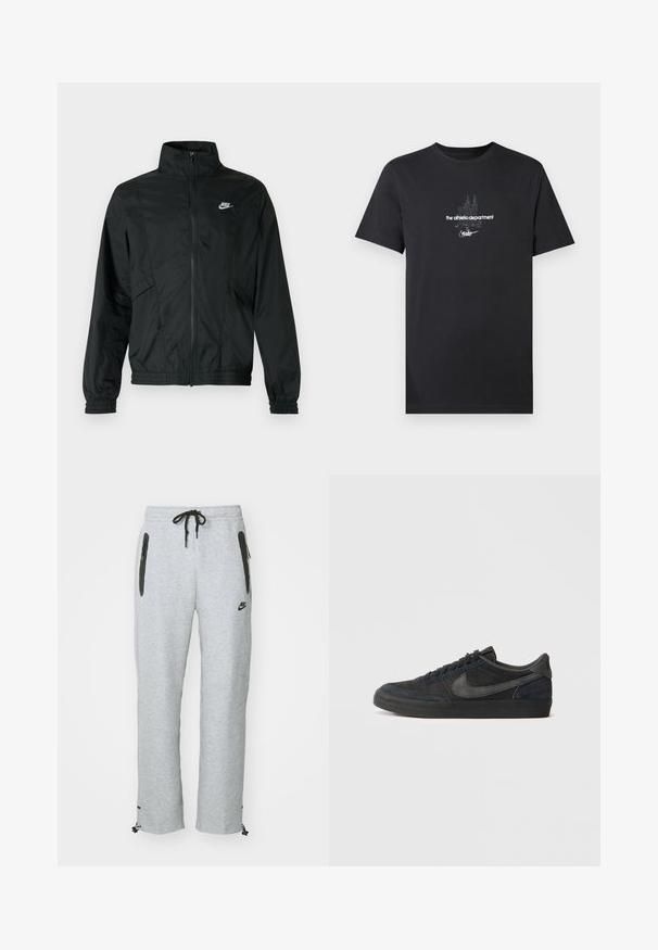 Jachetă ușoară neagră Nike cu fermoar, guler înalt, manșete și tiv elastice, și logo alb Nike pe pieptul stâng.; Tricou negru din bumbac, cu un design grafic alb și text, inclusiv „the athletic department” și „nike”, cu mâneci scurte.; Pantaloni de trening gri cu buzunare cu fermoar negre, talie cu șnur și mansete ajustabile. Fabricat dintr-un material moale cu o textură fină.; Sneakers negre din suede cu profil joasă, talpă din cauciuc, panouri laterale texturate și logo Nike swoosh în ton. Se încheie cu șireturi, guler căptușit.