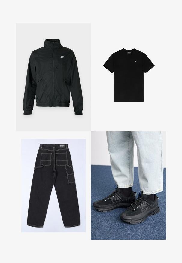 Sort let Nike lynlåstrøje med høj krave, elastiske ærmekanter og kant, samt hvid Nike-logo på venstre bryst.; Sort bomulds t-shirt med rund hals, korte ærmer, udstyret med et lille hvidt logo på venstre bryst og uden yderligere mønstre eller accenter.; Sorte denimbukser med løs pasform, der har flere lommer, synlige syninger og et lige ben-design.; Sorte træningssko med tekstureret stof og gummisåler, udstyret med elastiske snørebånd og en blå detalje på hælen. Bæres med lyse denimbukser.