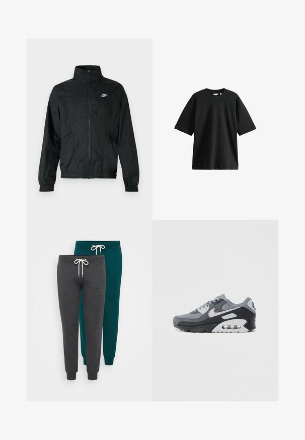 Sort let Nike lynlåstrøje med høj krave, elastiske ærmekanter og kant, samt hvid Nike-logo på venstre bryst.; Sort kortermet t-shirt lavet af bomuld, med rund hals og en løs pasform, blød tekstur og minimal detaljer.; To sæt joggebukser i mørkegrå og teal, lavet af blødt stof, med elastiske manchetter og snoreliv med hvide snore.; Grå sneaker med en blanding af mesh og ruskindsmaterialer, med en sort sål og synligt air-enhed. Bemærkelsesværdige lysegrå accenter og snørebånd.