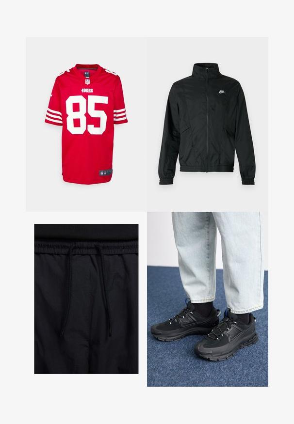 Musta Nike kevyt vetoketjullinen takki, jossa korkea kaulus, joustavat hihansuut ja helma sekä valkoinen Nike-logo vasemmalla rinnalla.; Punainen NFL-paita, jossa on valkoisia yksityiskohtia, esittää numeroa "85" ja "49ERS" painettuna etupuolelle. Lyhyet hihat, joissa on valkoiset raidat, ja Nike-logo kauluksessa.; Mustat shortsit, joissa on naru vyötäröllä, kevyestä kankaasta valmistettu, sileä tekstuuri ja yksinkertainen muotoilu ilman näkyviä logoja tai kuvioita.; Mustat urheilukengät, joissa on teksturoitu kangas ja kumipohjat, elastiset nauhat ja sininen yksityiskohta kannassa. Yhdistetty vaaleisiin farkkuihin.