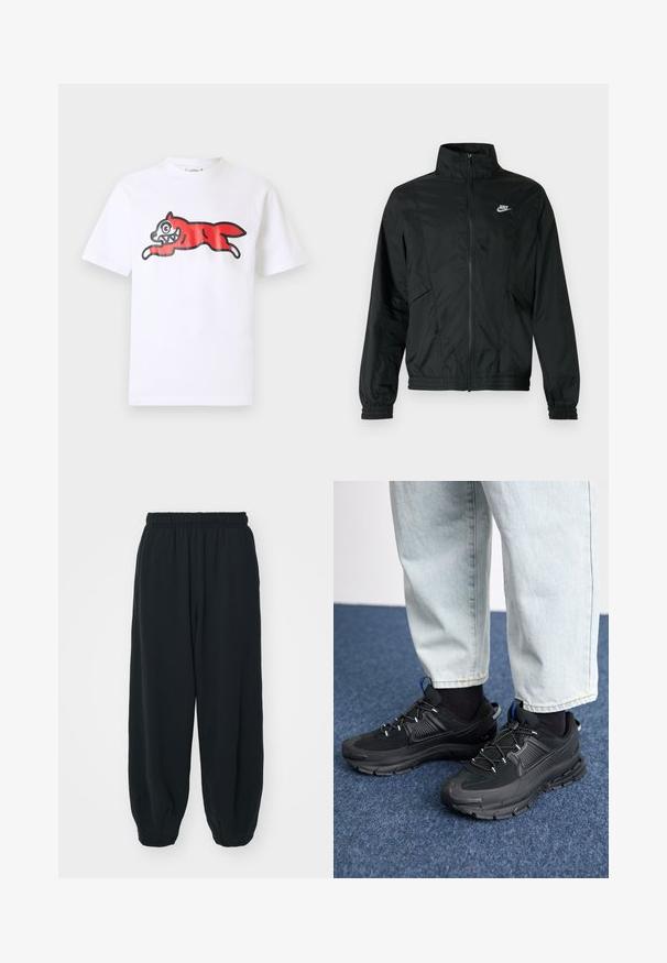 Černá lehká bunda Nike na zip s vysokým límcem, elastickými manžetami a lemem a bílým logem Nike na levé straně hrudi.; Icecream RUNNING DOG - Triko s potiskem - white; Černé teplákové kalhoty s elastickým pasem, volným střihem, manžetami na kotnících, hladkým povrchem a bez viditelných vzorů či kovových detailů.; Černé sportovní boty s texturovanou tkaninou a gumovou podrážkou, s elastickými tkaničkami a modrým akcentem na patě. Nosí se s světlými džíny.