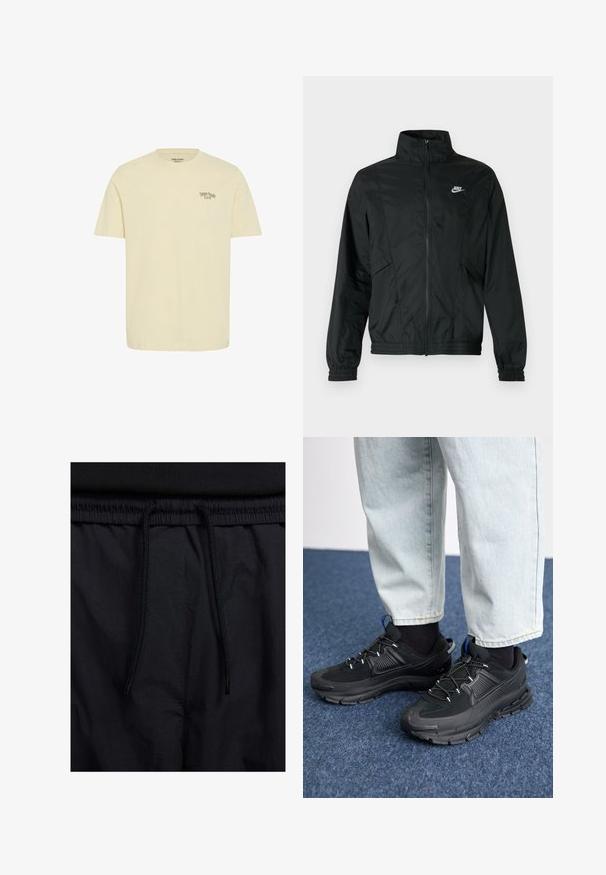 Czarna, lekka kurtka Nike na zamek z wysokim kołnierzem, elastycznymi mankietami i obszyciem oraz białym logo Nike na lewej piersi.; Kremowa bawełniana koszulka z krótkim rękawem. Z przodu po lewej stronie znajduje się napis "Danish Foodie Club". Klasyczny fason i gładka tekstura.; Czarne szorty z elastycznym paskiem na sznurku, lekkiego materiału o gładkiej fakturze oraz prostym wzornictwie bez widocznych logo czy wzorów.; Czarne buty sportowe z teksturowanej tkaniny i gumowymi podeszwami, z elastycznymi sznurówkami i niebieskim akcentem na pięcie. Noszone z jasnymi dżinsami.