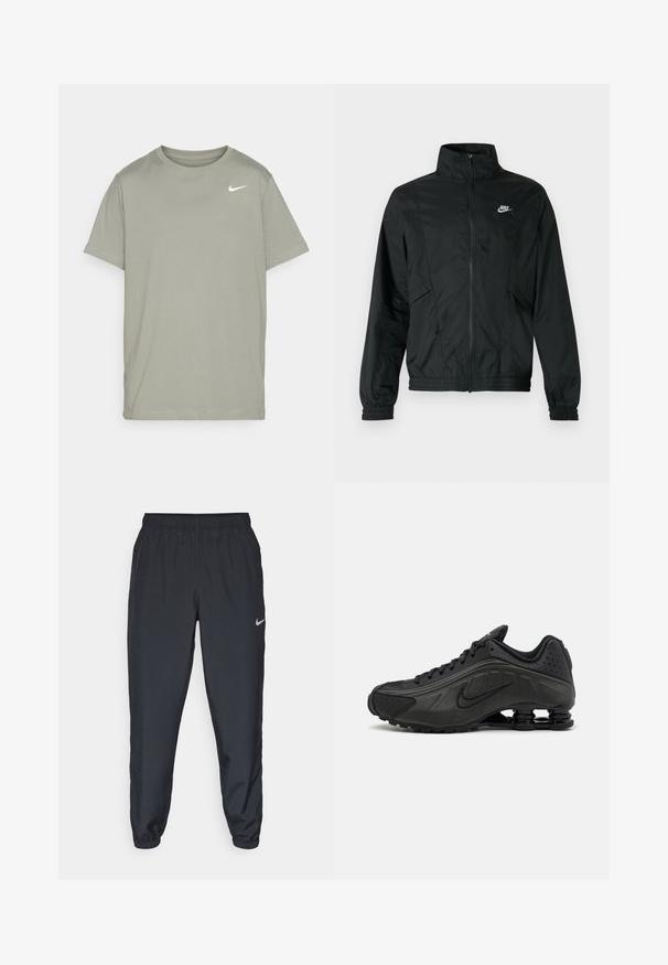 Črna lahka jakna Nike na zadrgo z visokim ovratnikom, elastičnimi manšetami in spodnjim robom ter belim logotipom Nike na levi strani prsnega koša.; Nike Performance TEE CREW SOLID - Športne majice - dark stucco; Črne trenirke iz lahkega materiala z elastičnim pasom, manšetami na gležnjih in diskretnim logotipom Nike na levi strani.; Črne tekalne čevlje z gladkim sintetičnim zgornjim delom, perforiranimi poudarki, teksturiranimi stranskimi paneli in edinstvenim elastičnim podplatom.