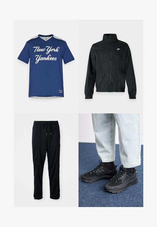 Melna Nike viegla rāvējslēdzēja jaka ar augstu apkakli, elastīgiem aprocēm un apakšu, un baltu Nike logotipu kreisajā krūtīs.; Tumši zila īsām piedurknēm T-kreklā ar baltu tekstu "New York Yankees", V veida kakla dizains un pelēkiem akcentiem uz pleciem. Izgatavots no gludas auduma.; Melnas bikses ar aukliņu jostas vietā, ar sānu kabatām un taisnu kāju griezumu uz vienkrāsaina fona.; Melni sporta apavi ar strukturētu audumu un gumijas zoli, ar elastīgām auklām un zilu akcentu uz papēža. Nēsāti ar gaišām džinsu biksēm.