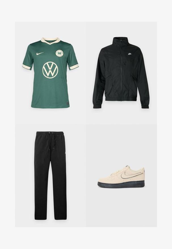 Jachetă ușoară neagră Nike cu fermoar, guler înalt, manșete și tiv elastice, și logo alb Nike pe pieptul stâng.; Tricou sportiv verde, fabricat dintr-un material respirabil, cu guler și accente albe pe mâneci. Prezintă un logo proeminent Volkswagen și emblema clubului.; Pantaloni de trening negri din fleece, cu talie elastică și șnururi, două buzunare frontale și un logo mic pe coapsă.; Sneakers Nike Air Force 1 din suede bej, cu talpă din cauciuc negru, detalii cusute, vârf perforat și un logo swoosh proeminent.