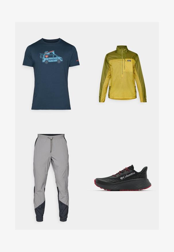Pullover-Jacke in Zweifarbig Grün und Gelb, mit einem Viertel-Reißverschluss, hohem Kragen und Seitentaschen. Glattes, leichtes Material.; Navyblaue Baumwoll-T-Shirt mit einem hellblauen Grafik eines Campervans, der mit Bergausrüstung auf dem Dach und dem orangefarbenen "DYNAFIT"-Logo versehen ist.; Leichte, graue Sporthosen mit schwarzen Akzenten. Elastischer Bund, Kordelzugverschluss, taillierte Beinform und Seitentaschen.; Schwarzer Sportschuh mit strukturiertem Obermaterial, roten Schnürsenkeln und Logo. Dicke Sohle mit strukturiertem Profil für Traktion. Minimalistisches Design, Seitenansicht.