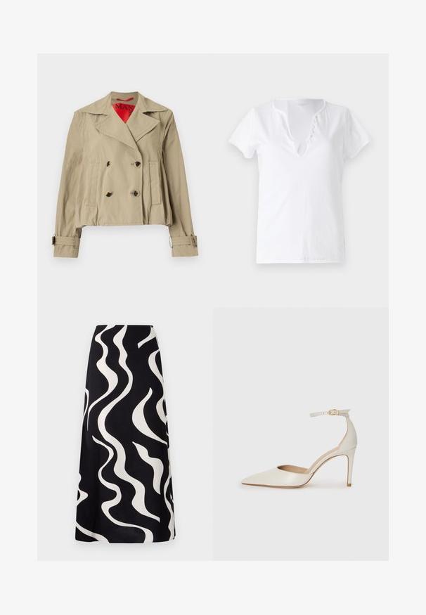 Beige cropped jacket featuring a double-breasted design, large lapels, two front pockets, and adjustable cuffs with a red inner lining.; White cotton t-shirt with short sleeves, a relaxed fit, and a V-neckline featuring a placket with five decorative buttons.; Black skirt with white wavy patterns. Made from a lightweight fabric, it features a flowy design and a straight cut. Ideal for casual wear.; White leather high-heeled shoe with a pointed toe, ankle strap, and a slim stiletto heel. Smooth texture with subtle glossy finish.