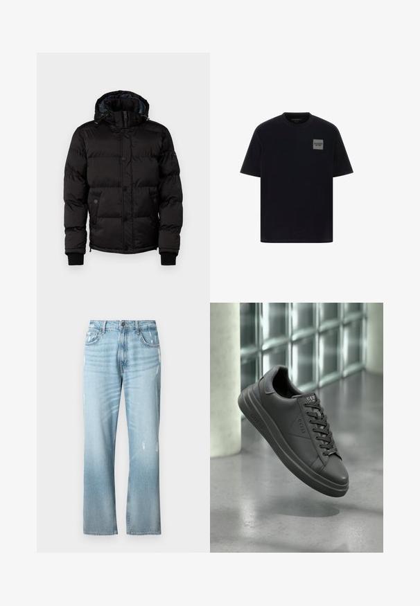 Guess STRETCH JACKET - Talvejope - jet black; Must musta t-särk lühikeste varrukatega, millel on vasakul rinnaosast hall ruudukujuline logo küljes. Ümmargune kaelus, sile tekstuur.; Heledad sinine teksapüksid, millel on veidi lõtv sirge lõige, kahjustatud detailid, klassikaline viie taskuga disain ja nööp sulguri.; Mustad nahkjalatsid siledat viimistlusest, ümmarguse varbaga, tekstuursete aktsentide ja paeltega kujundusega. Logo on näha keelel.