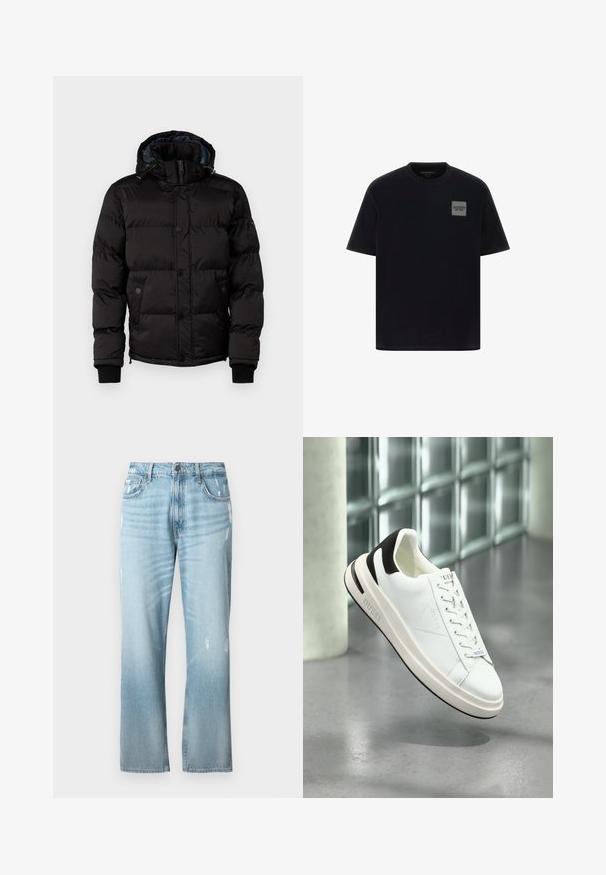 Guess STRETCH JACKET - Téli dzseki - jet black; Fekete pamut póló rövid ujjakkal, bal mellrészén négyzet alakú szürke logóval. Kerek nyakú dizájn, sima tapintású.; Világoskék denim farmer, enyhén laza egyenes szabású, kopott hatású részletekkel, klasszikus öt zsebes kialakítással és gombos zárással.; Fehér bőr sportcipők fekete kiegészítőkkel, lapos fűzőzéssel és texturált talppal. A "GUESS" logó a cipő oldalán és a nyelvén található.