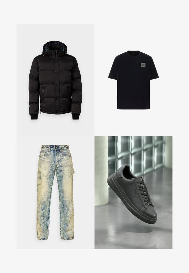 Guess STRETCH JACKET - Zimska jakna - jet black; Črna bombažna majica s kratkimi rokavi, ki ima sivo kvadratno logotipno oznako na levi strani prsnega koša. Okrugla ovratnika s gladko teksturo.; Priložene cargo hlače v ohlapnem kroju iz zbledelega modrega jeansa, ki imajo več žepov, vidne šive in obrabljen videz s svetlimi gubami.; Črne usnjene superge s gladkim zaključkom, okroglo pričo, teksturiranimi detajli in veznim dizajnom. Logotip prikazan na jeziku.