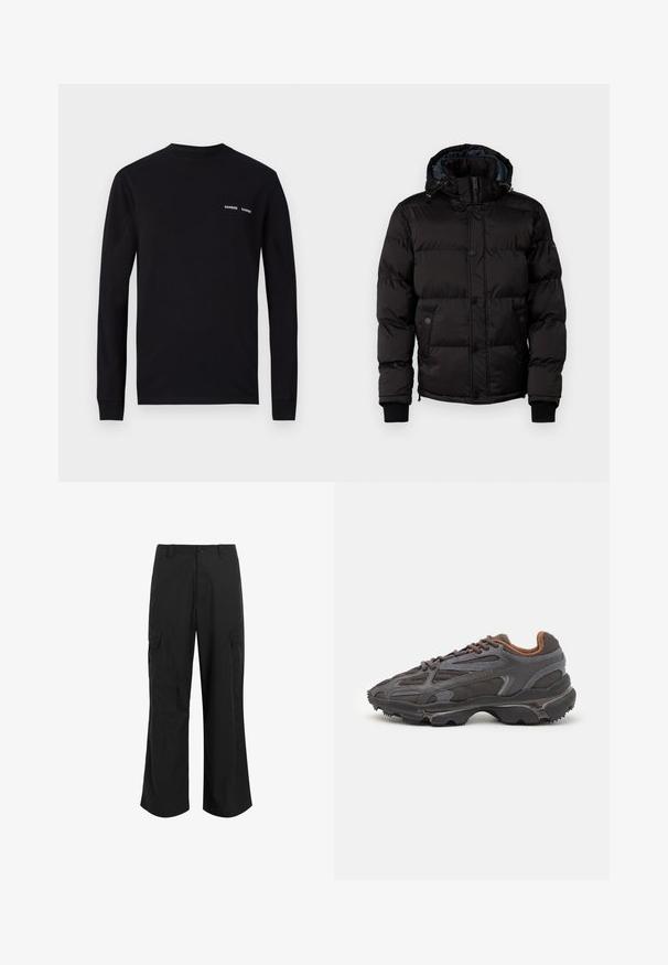 Guess STRETCH JACKET - Winterjacke - jet black; Schwarzes Langarm-T-Shirt aus Baumwolle, mit Rundhalsausschnitt und doppeltem weißen "SAMSØE"-Logo-Druck im linken Brustbereich.; Schwarze Cargo-Hose aus leichtem Stoff, mit entspannter Passform, zwei großen Seitentaschen und Knopfverschluss.; Lacoste Sneaker in Dunkelgrau aus Mesh und Synthetikmaterial, mit einer strukturierten Sohle und braunen Akzenten am Kragen und Logo.