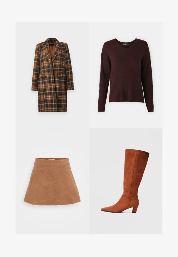 Rudas ir juodas languotas ilgas paltas su notch lapel apykakle, vienu juodu knopku, kišenėmis su atvartais ir visiškai pamušalu.; Bordo megztinis su V formos iškirpte, ilgomis rankovėmis ir tekstūrine raida. Pagamintas iš minkštos medžiagos, laisvo kirpimo.; Ruda korduroy mini sijonas su iškilusia forma, siuvinėtas įstrižais siūlais ir turintis lygų paviršių. Viršuje plokščias liemens diržas.; Rudos zomšos aukštakulniai batai iki kelių su smailiu pirštu ir mažu blokiniu kulnu, pasižymintys lygiu paviršiumi ir minimalistišku dizainu.