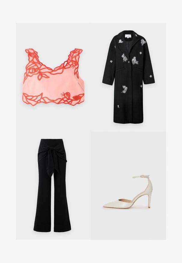 Schwarzer Mantel mit silberner floraler Stickerei, strukturierten Revers, Ein-Knopf-Verschluss und zwei vorderen Taschen. Glattes Material mit taillierter Form.; Helles rosa Bralette mit rotem, blütenförmigem Spitzenbesatz entlang der Kanten und gewellten Trägern, gefertigt aus weichem Material für eine glatte Oberfläche.; Schwarze weit geschnittene Hosen mit einem Taillenknoten-Detail. Hergestellt aus weichem Stoff, der eine glatte Textur und klare Linien aufweist. Der Saum ist leicht ausgestellt.; Weiße Leder-Pumps mit spitz zulaufender Zehe, Knöchelriemen und schlanker Stiletto-Absatz. Glatte Oberfläche mit dezent glänzendem Finish.