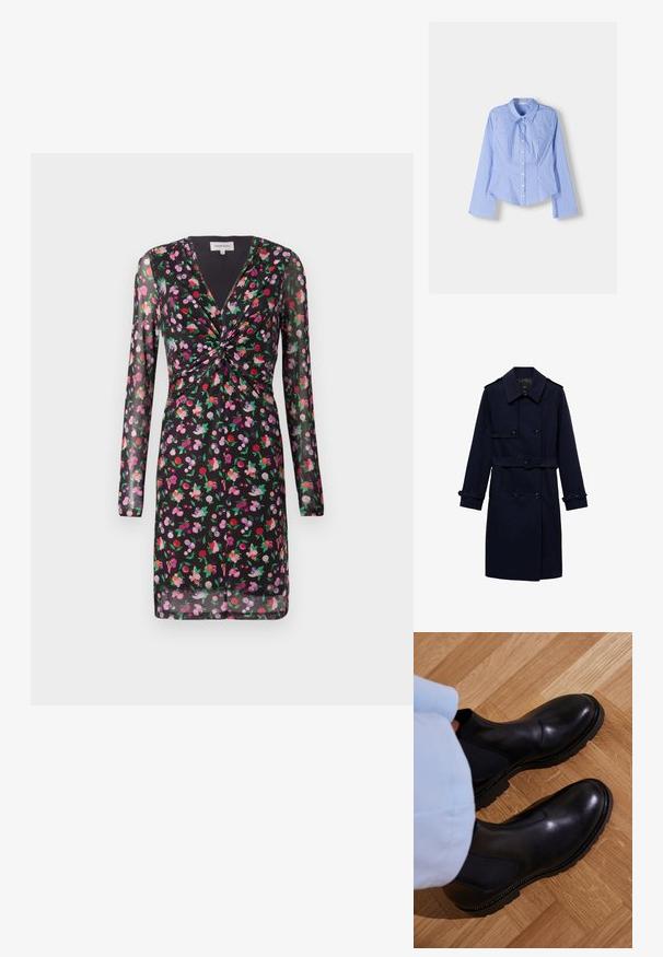 Mornarici plavi trench kaput s dvostrukim kopčanjem, detaljima s gumbima, podesivim manžetama i pojasom u struku za prilagođen izgled.; Crna haljina s prozirnim dugim rukavima, cvjetni uzorak u crvenoj, ružičastoj i ljubičastoj boji, s detaljem uvijanja sprijeda i V-izrezom.; Plava i bijela prugasta košulja dugih rukava s dugim rukavima, prilagođenim krojem i zaobljenim rubom. Teksturirani pamučni materijal.; Crni gležnjači od glatke kože s elastičnim bočnim panelima, teksturiranim gumenim potplatom i kontrastnim šavovima uz rub.