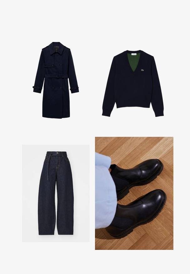 Mornarici plavi trench kaput s dvostrukim kopčanjem, detaljima s gumbima, podesivim manžetama i pojasom u struku za prilagođen izgled.; Mornarski pulover s V izrezom, izrađen od mekanog materijala, s rebrastim ovratnikom i manžetama, kontrastnom zelenom unutrašnjošću i malim logotipom na prsima.; Tamno plave široke traper hlače visokog struka, s prednjim kopčanjem i tkanim remenom. Glatka tekstura s kontrastnim šavovima.; Crni gležnjači od glatke kože s elastičnim bočnim panelima, teksturiranim gumenim potplatom i kontrastnim šavovima uz rub.