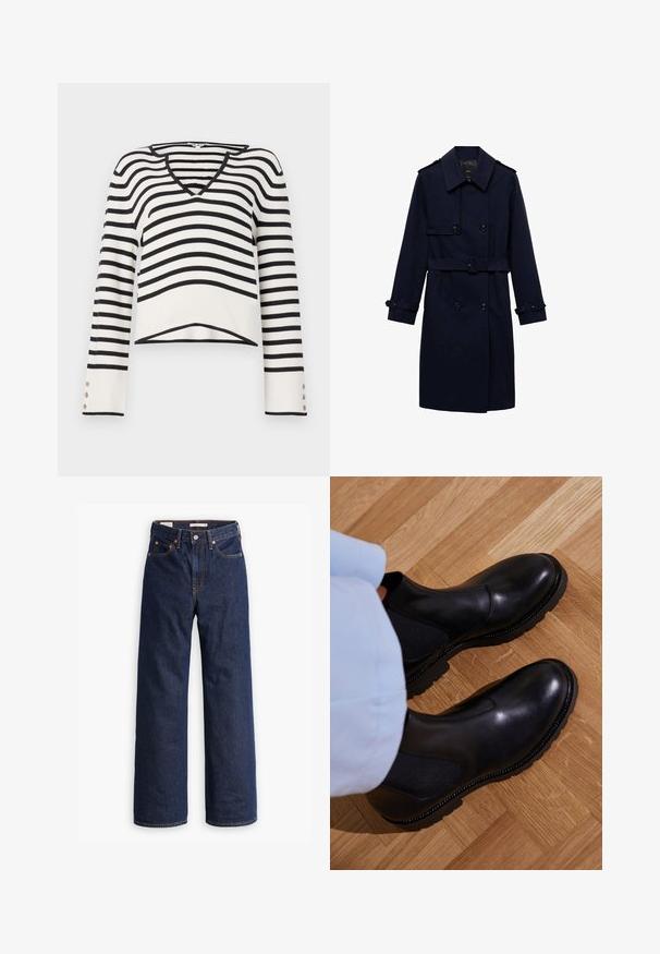 Navy blue trench coat with a double-breasted design, button details, adjustable cuffs, and a belted waist for a fitted appearance.; Black and white striped sweater, V-neck design, long sleeves with button accents, knitted texture, cropped hem.; Dark blue straight-leg denim jeans with five pockets, orange stitching, and a button fly closure.; Black ankle boots made of smooth leather with elastic side panels, a textured rubber sole, and contrast stitching along the edge.