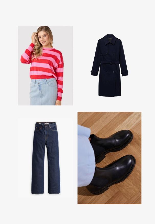 Marineblauer Trenchcoat mit doppelter Knopfleiste, Knopfdetails, verstellbaren Manschetten und einem mit Gürteln versehenen Bund für eine taillierte Optik.; Röhrenpullover in Rot und Pink mit rundem Ausschnitt und lässiger Passform, kombiniert mit einem hellblauen Jeansrock. Weiches Strickmaterial.; Dunkelblaue gerade geschnittene Denim-Jeans mit fünf Taschen, orangefarbenen Nähten und einem Knopfverschluss.; Schwarze Knöchelstiefel aus glattem Leder mit elastischen Seiteneinsätzen, einer strukturierten Gummisohle und kontrastierenden Nähten entlang der Kante.